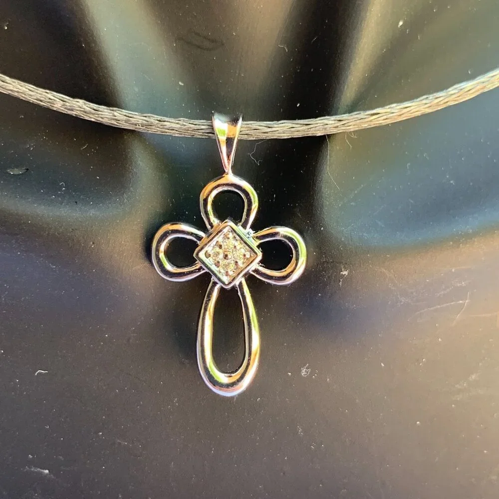 Small Cross Silver-Tone Pendant With Cubic Zirconia Accents - Picture 4 of 9
